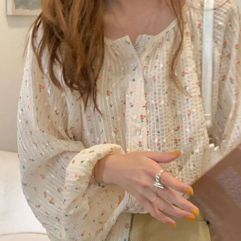 Áo sơ mi voan Hoa nhí kiểu nữ Form rộng Tay dài Hàn Quốc Sơ mi kiểu nữ Voan hoa Dài tay Ulzzang Thời trang
