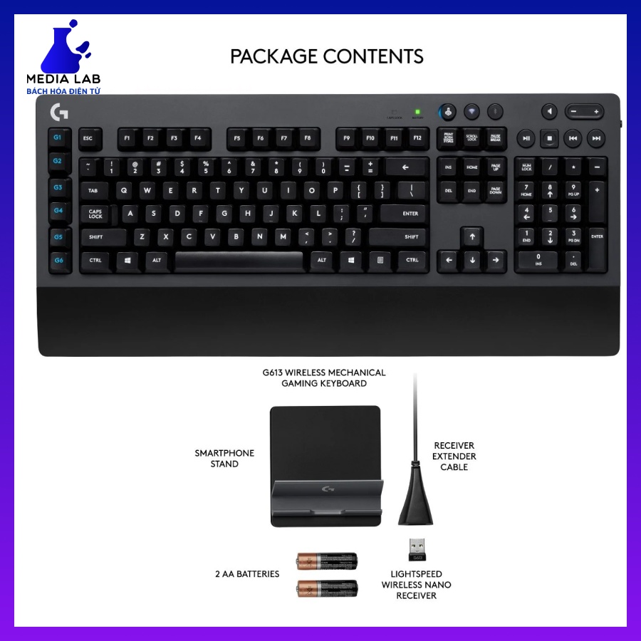 Bàn phím Logitech G613 Wireless, media lab.