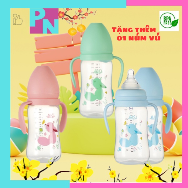 Bình sữa cổ rộng Aki 180ml - 240ml - 300ml. Tặng thêm 1 núm vú siêu mềm chống sặc chống đầy hơi cho bé (không BPA)