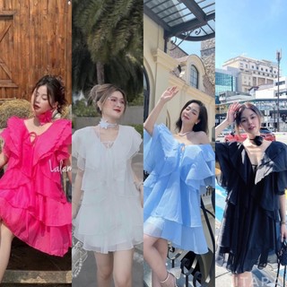[HÀNG ĐẸP] Đầm Babydoll Voan Bèo Tầng Đủ Màu Kèm Nơ Hoa Cổ Tay Tiên