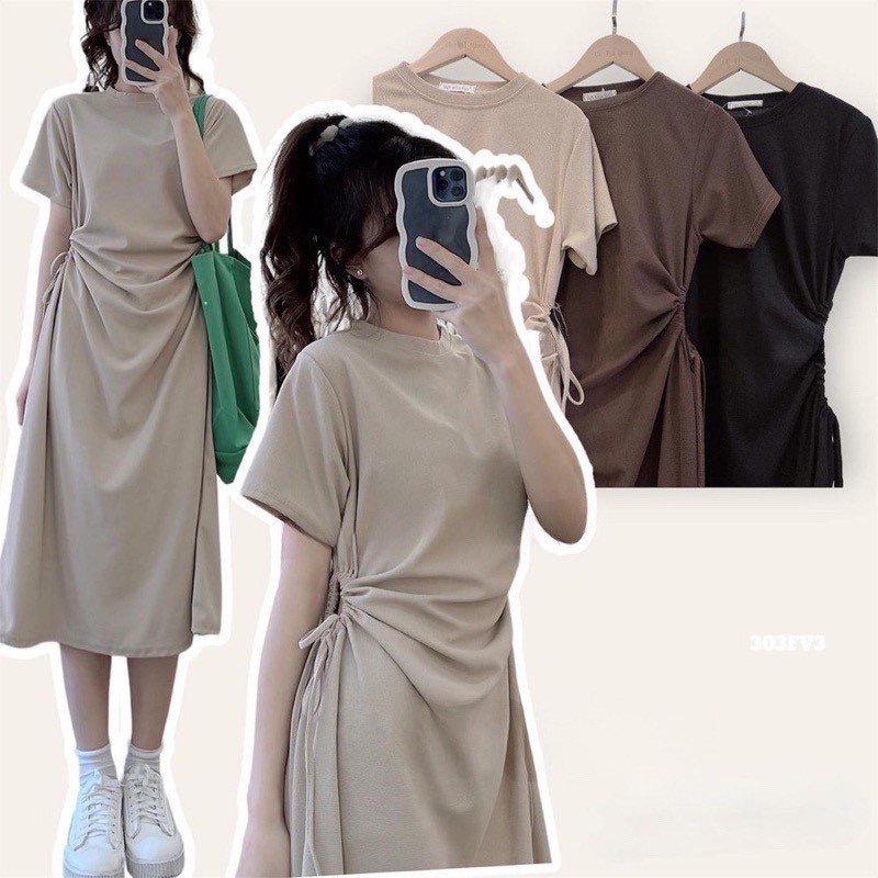 Váy thun khoét eo che bụng tôn dáng siêu xinh Nin Nin Boutique - Đầm xuông bo eo rút dây