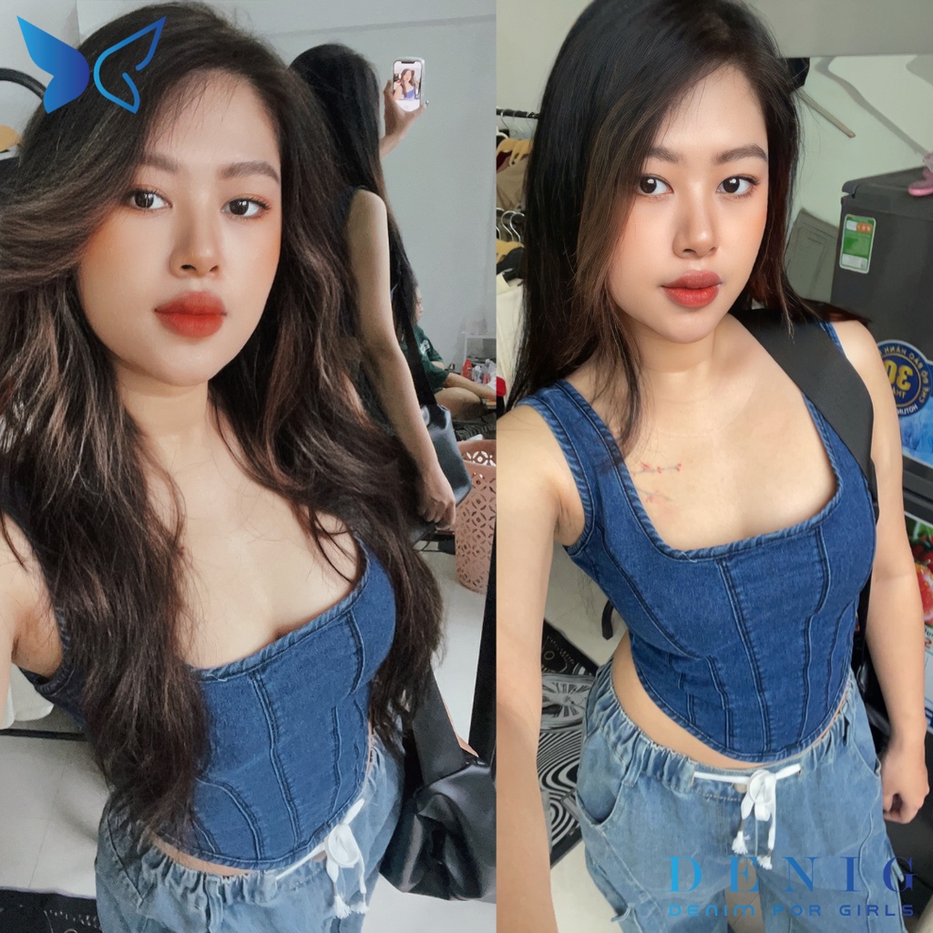 Áo hai dây jean kiểu dáng corset phối khóa kim loại DENIG