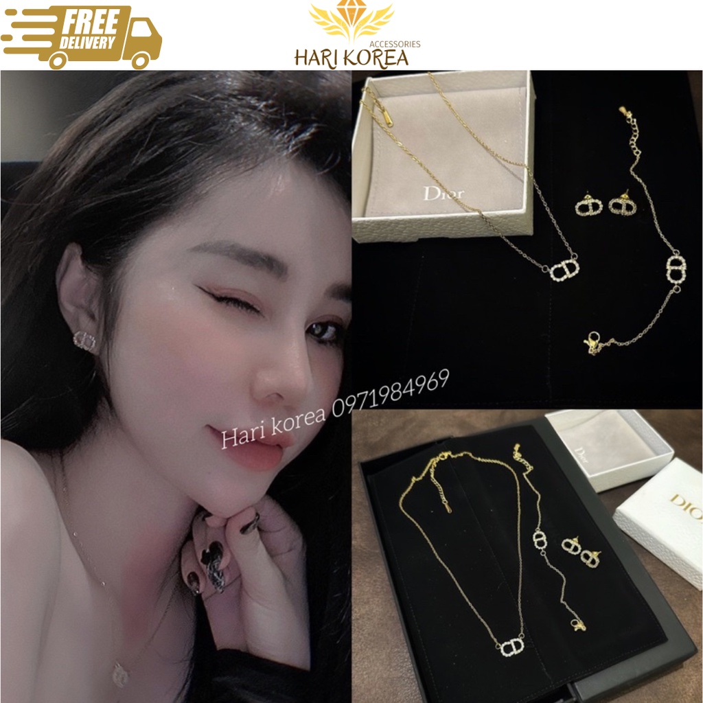 Sét vòng cổ CD đính đá, dây chuyền titan, phụ kiện vòng cổ & khuyên tai trang sức hari korea accessories