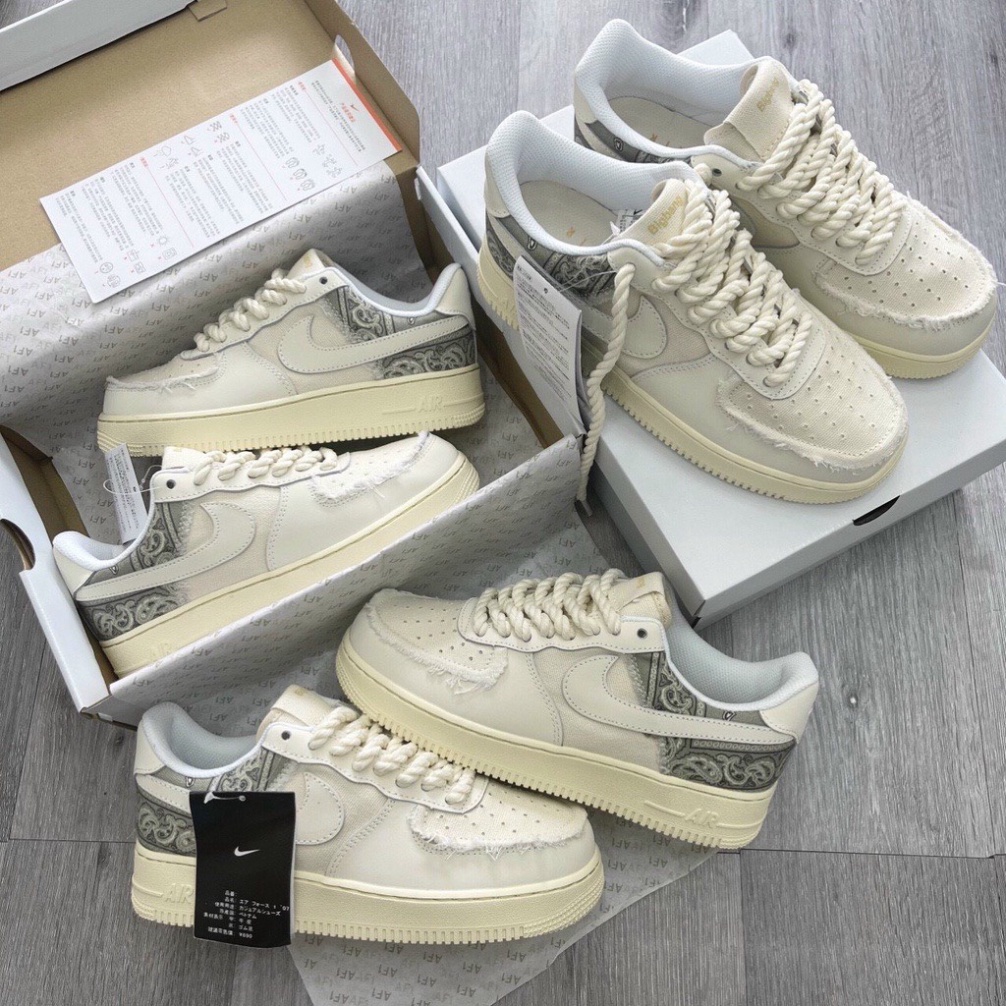 Giày thể thao AF1 dây thừng họa tiết Paisley màu kem, Giày sneaker thổ cẩm dây thừng nam nữ full bill box