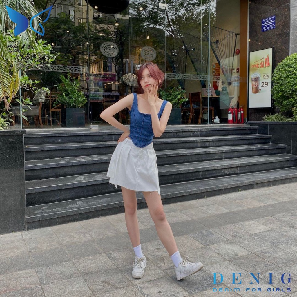 Áo hai dây jean kiểu dáng corset phối khóa kim loại DENIG