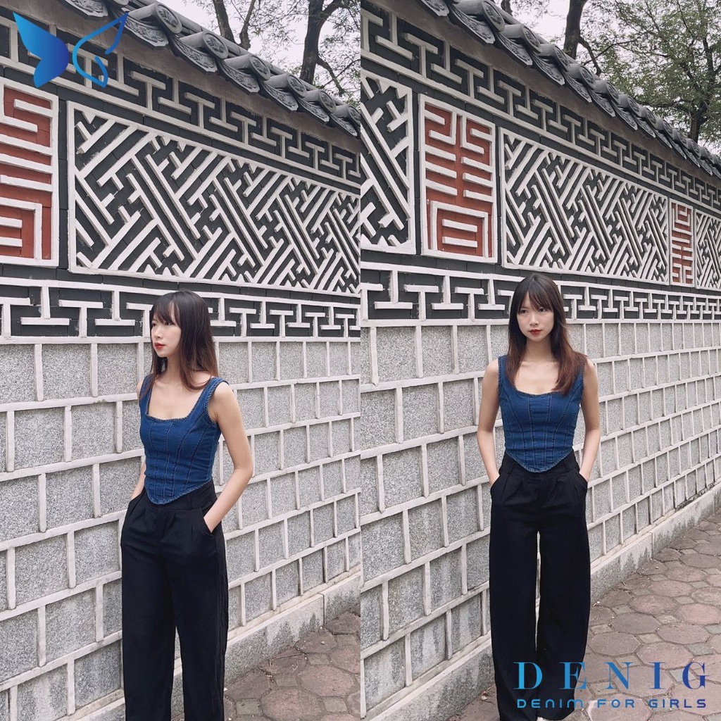 Áo hai dây jean kiểu dáng corset phối khóa kim loại DENIG