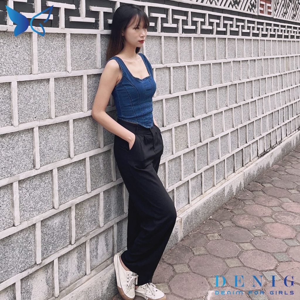 Áo hai dây jean kiểu dáng corset phối khóa kim loại DENIG