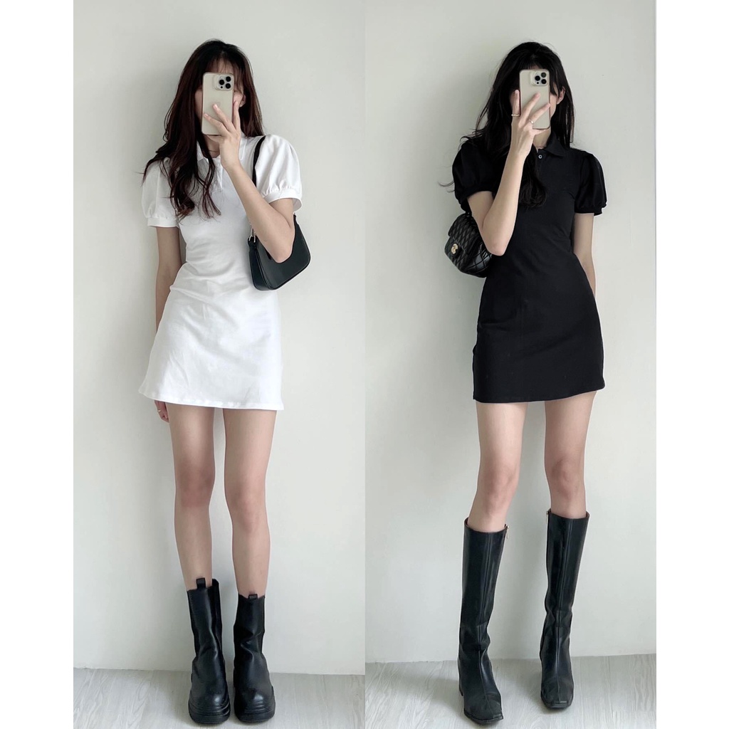 Váy Polo trơn tay phồng cực xinh, vải umi dày đẹp dáng body xòe nhẹ phần chân váy phom dưới 60kg