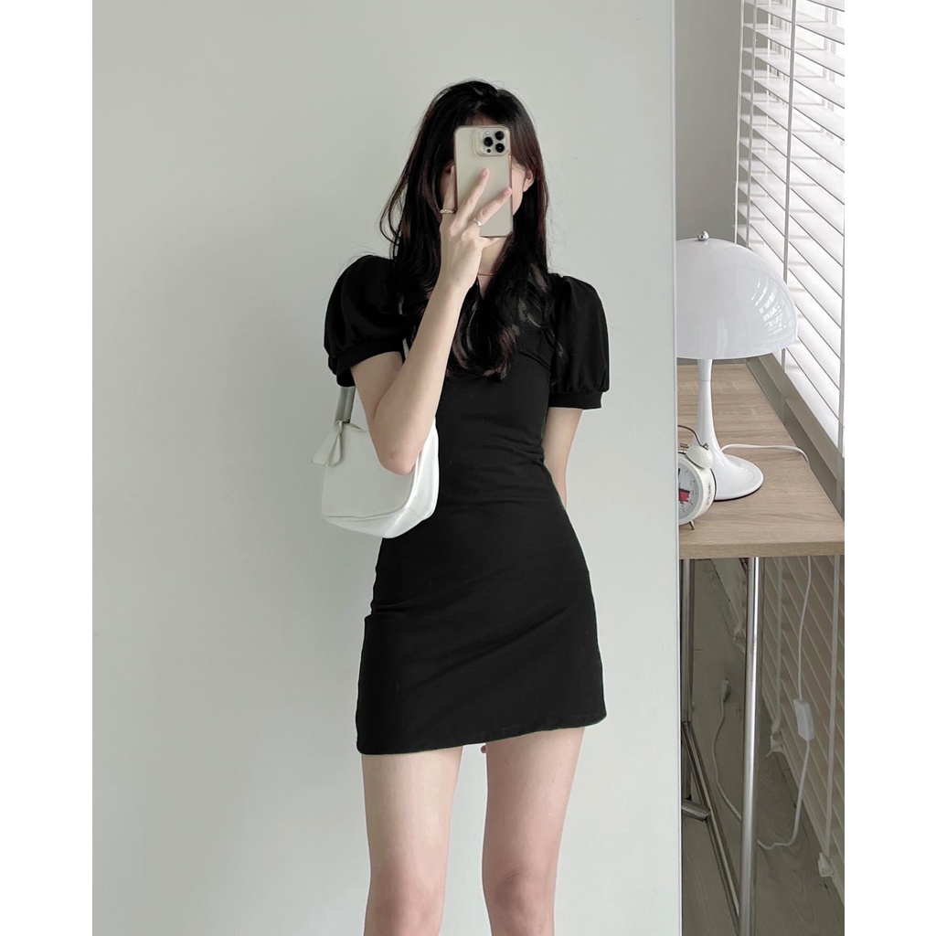 Váy Polo trơn tay phồng cực xinh, vải umi dày đẹp dáng body xòe nhẹ phần chân váy phom dưới 60kg