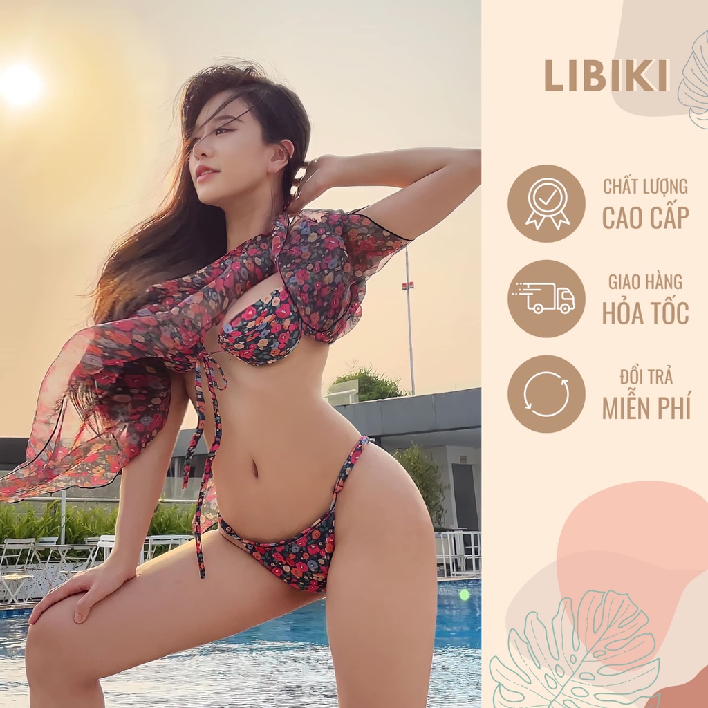 Set bikini 3 chi tiết hoa nhí Mai Phương Bùi, kèm khăn voan cực hot