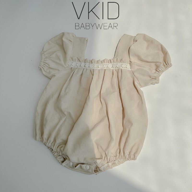 V25 Bodysuit nhún ngực pha ren tay bồng điệu đà cho bé gái size 5-13kg chất thô cara mềm mát