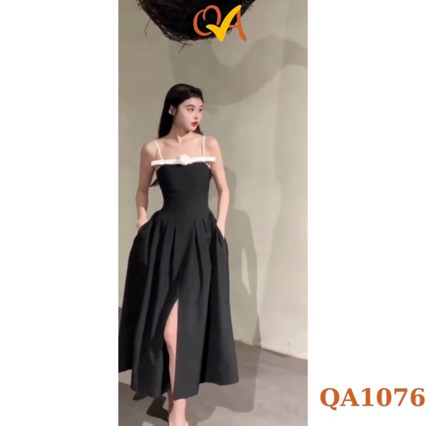 Đầm thời trang nữ dạo phố, tiệc, đầm xẻ tà cổ dây kiểu có đính hoa chất kaki mango QA
