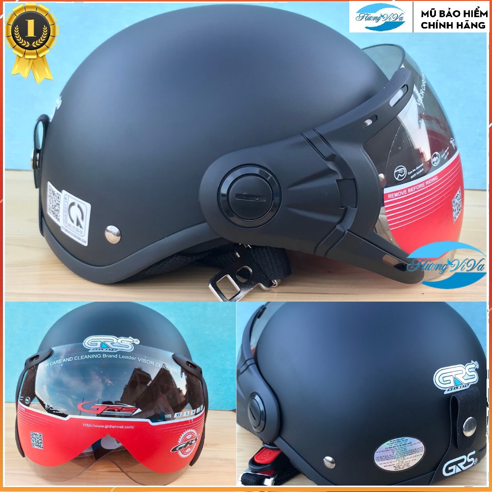 Mũ bảo hiểm nửa đầu GRS chính hãng, Nón bảo hiểm 1/2  nam nữ chính hãng màu đen nhám-size L 54cm-59cm