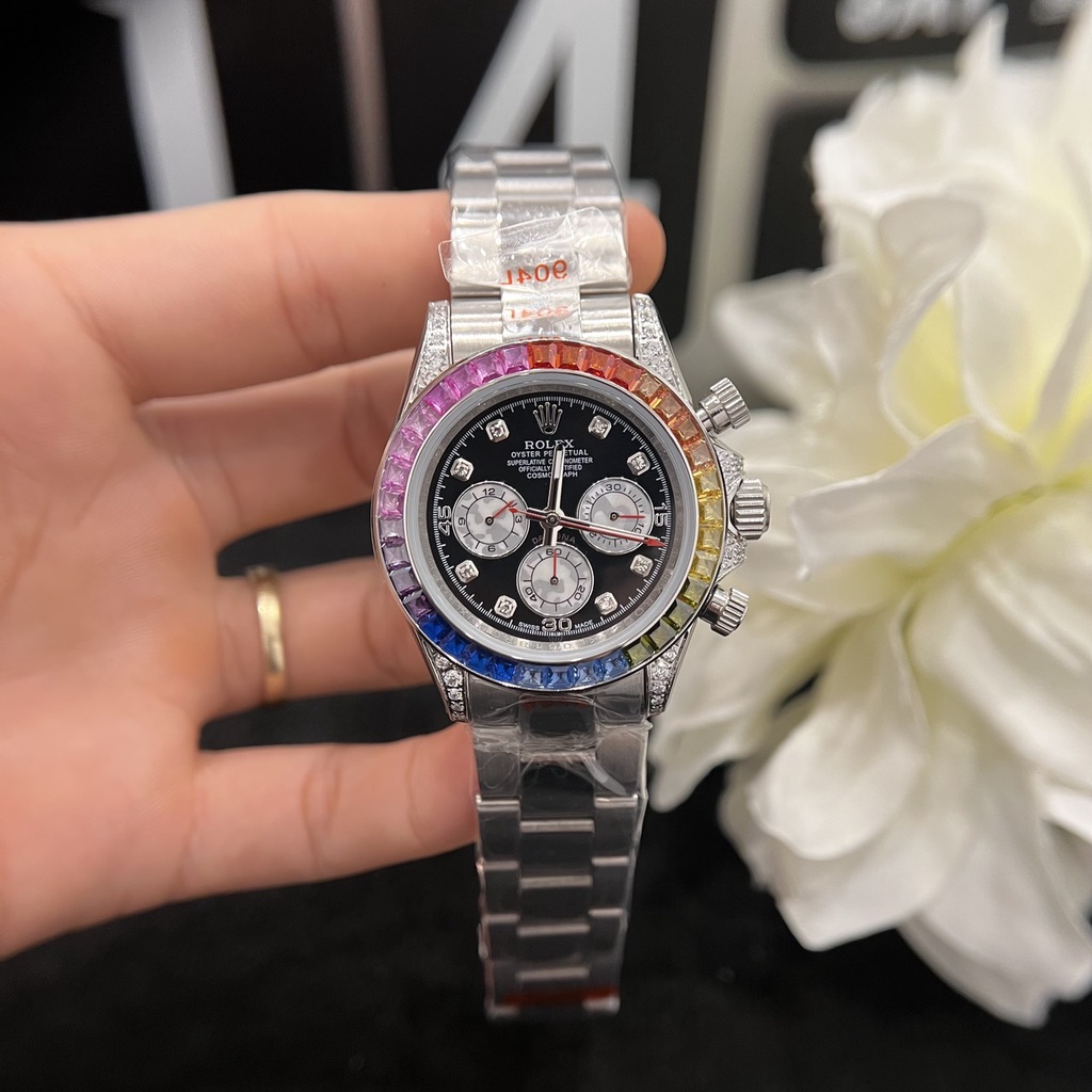 Đồng hồ Nam Rolex dây kim loại đá màu máy nhật dòng cơ Automatic vỏ đá trắng size 41mm