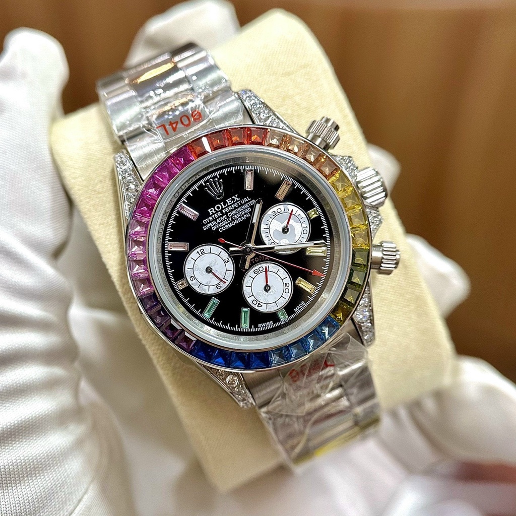 Đồng hồ Nam Rolex dây kim loại đá màu máy nhật dòng cơ Automatic vỏ đá trắng size 41mm