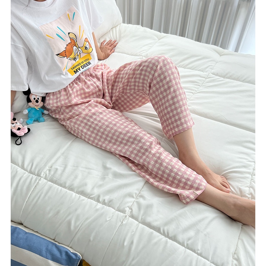 Quần dài baggy caro trắng hồng dễ thương vải ford cao cấp form rộng thoải mái đi chơi, mặc ở nhà ngủ