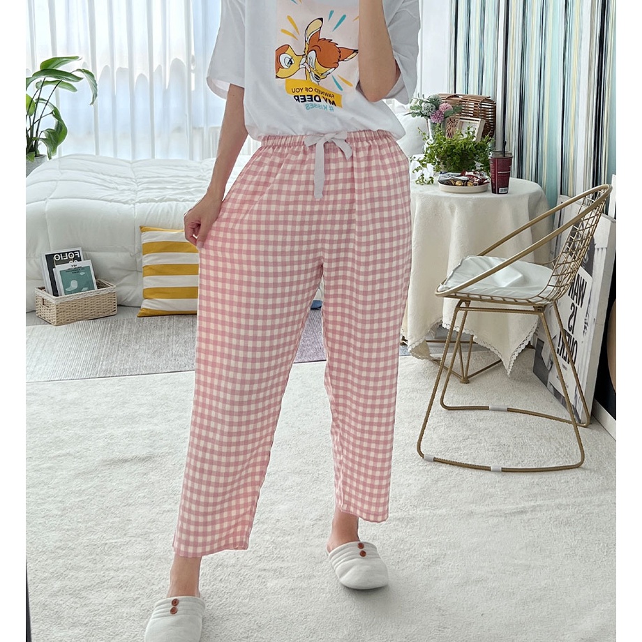 Quần dài baggy caro trắng hồng dễ thương vải ford cao cấp form rộng thoải mái đi chơi, mặc ở nhà ngủ