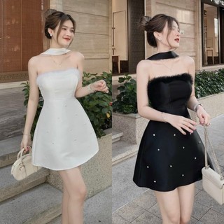 Đầm váy nữ quàng cổ váy cúp ngực phối lông mix dáng váy chữ A xòe hàng thiết kế sang chảnh dành mặc đi tiệc siêu xinh.
