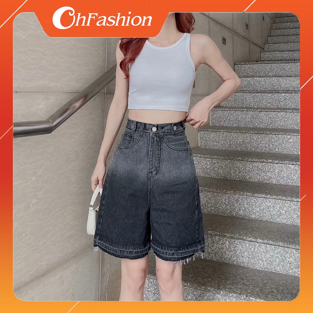Quần short jean nữ lưng cao, quần đùi jean cạp cao ống rộng OHS7108