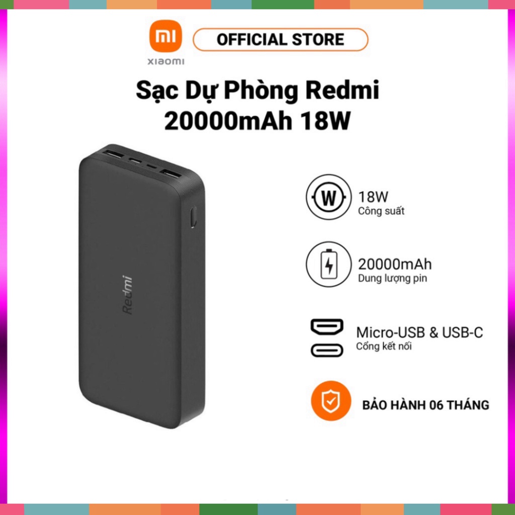 Sạc Dự Phòng Xiaomi Redmi Power Bank 20000 mAh 18W - Chính hãng- BH 6 tháng - Giảm giá sốc