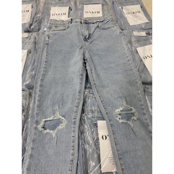 Quần jeans bó rách 2 gối lưng cao co giãn