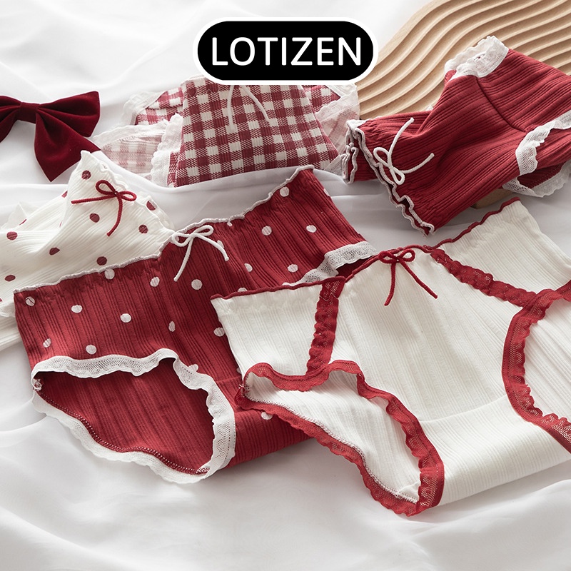 Quần lót nữ cotton gân tăm viền ren tông đỏ 304