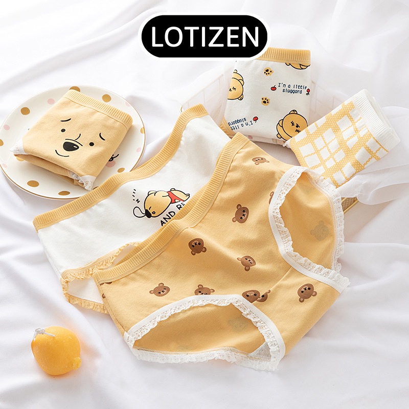 Quần lót nữ cotton viền ren họa tiết gấu lười cute 368