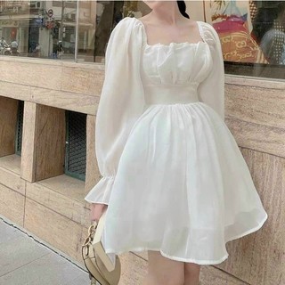 (FreeShip) Đầm voan trắng tay dài phồng sau cột nơ xinh xắn,thời trang dạo phố xinh xĩu