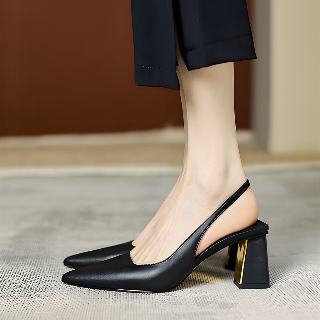 Giày cao gót nữ mũi nhọn gót vuông basic, giày slingback trang nhã cao 7cm_AA0375