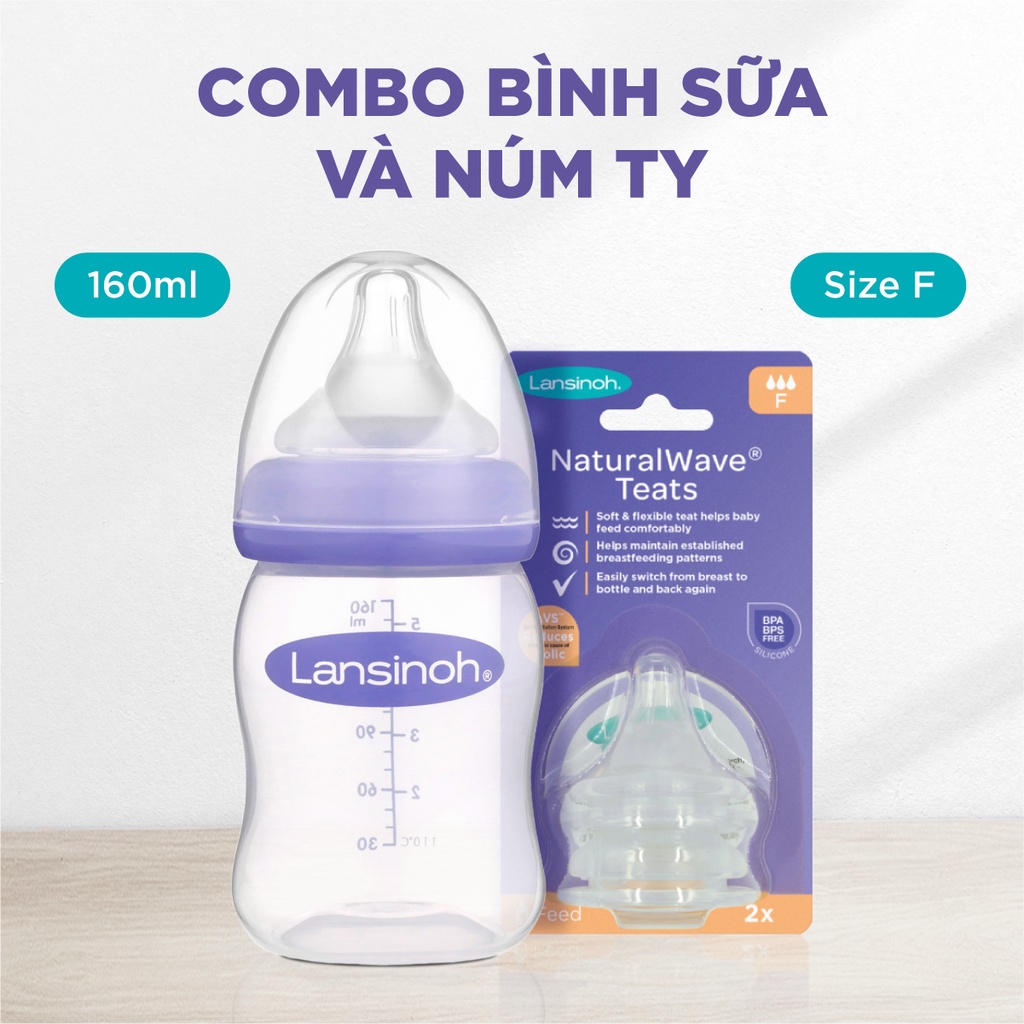 Combo Bình Sữa Cổ Rộng Lansinoh 160ml + Núm Ty Lansinoh Size F