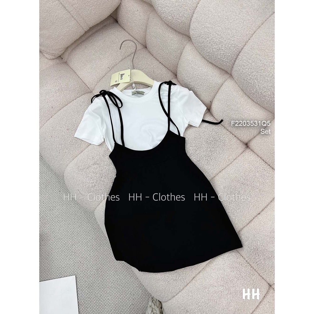 Set 2 món đầm yếm 2 dây đen thắt nơ vai phối áo thun trắng tay con hàng QC!