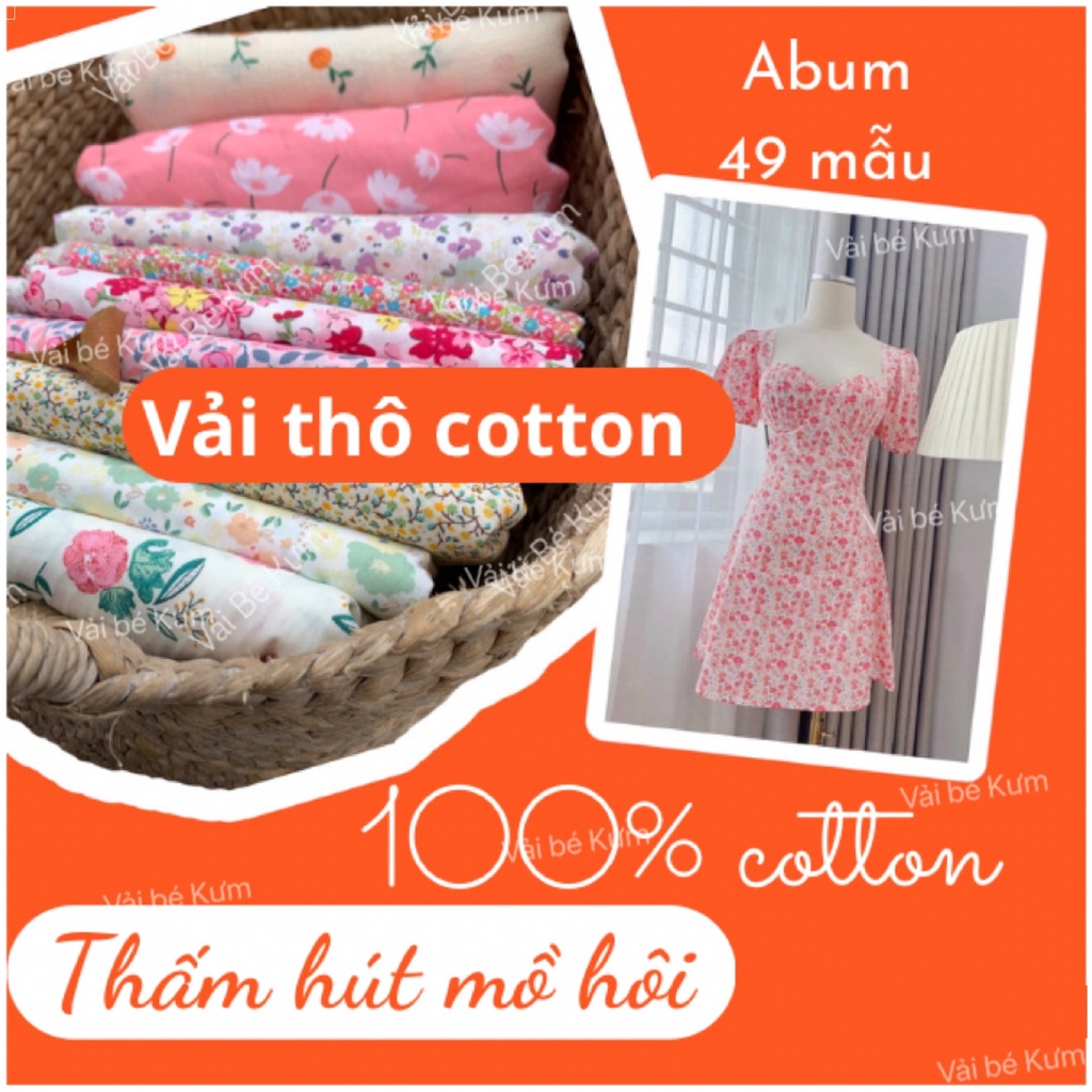 Vải thô cotton hoa nhí may váy, chất vải cotton 100% thấm hút mồ hôi, không co giãn