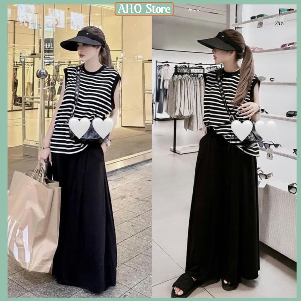 Bộ Nữ Áo Ba Lỗ Kẻ Ngang Mix Quần Suông Nữ Ống Rộng Freesize