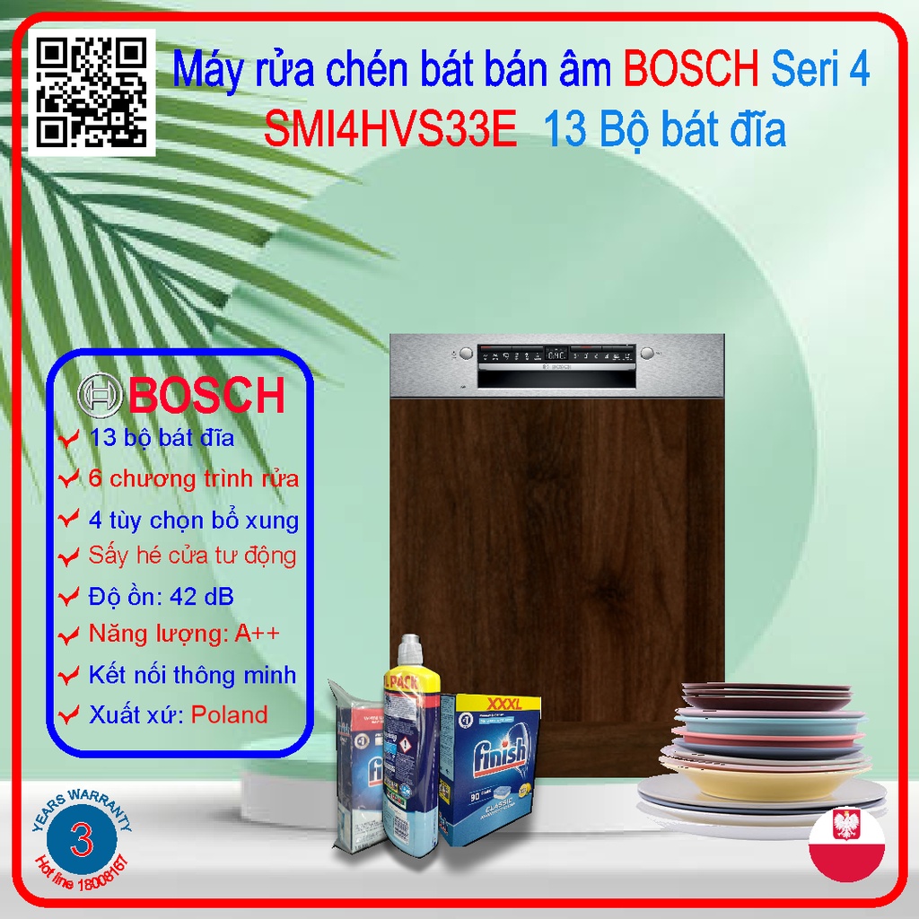 Máy rửa bát bán âm BOSCH SMI4HVS33E 13 bộ nhập khẩu châu âu tự động hé cửa tích hiwpj 6 chương trình rửa