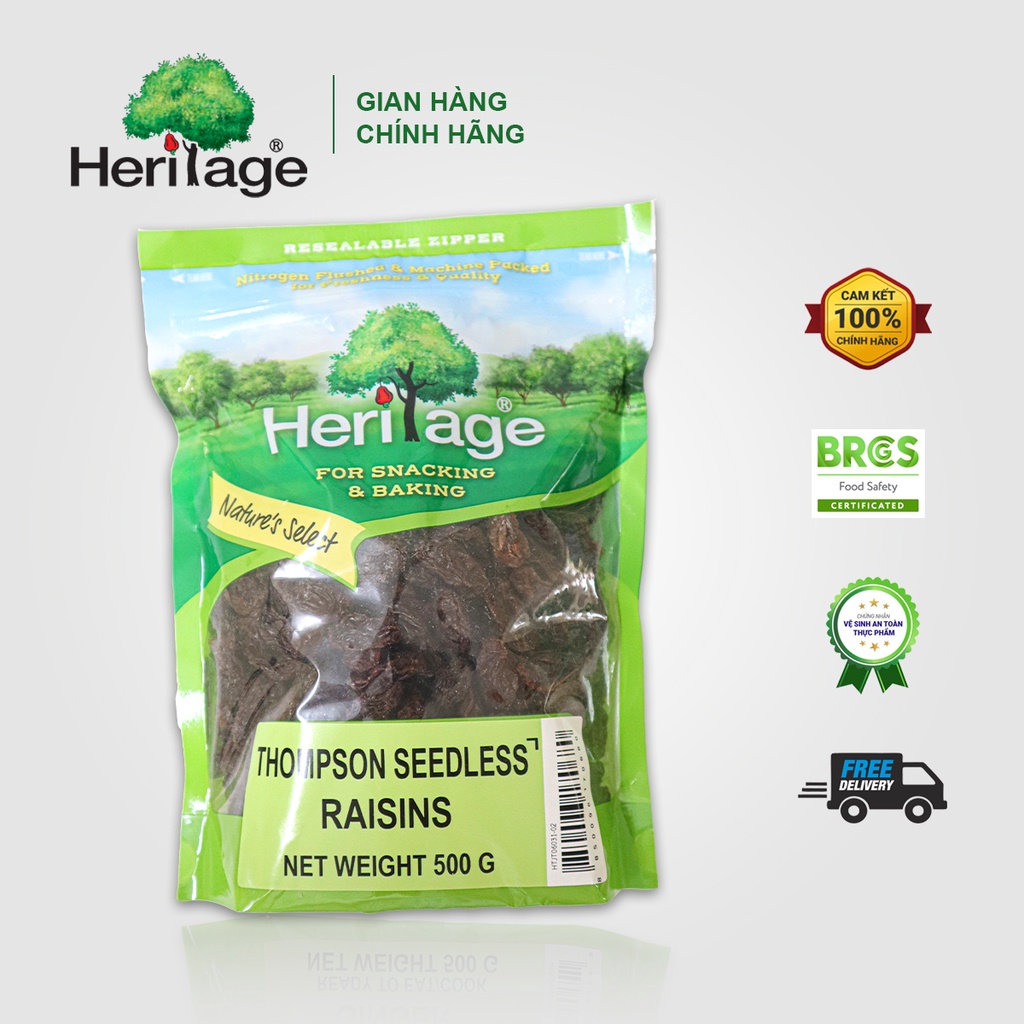 Nho Thompson khô không hạt loại 1, size lớn Heritage chính hãng gói 500g, 1kg - THOMPSON SEEDLESS RAISINS