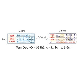 80k/550 Tem Bảo Hành, Tem Dẻo Vỡ, Hình Chữ Nhật 1x2.5cm, In + Bế Sẵn