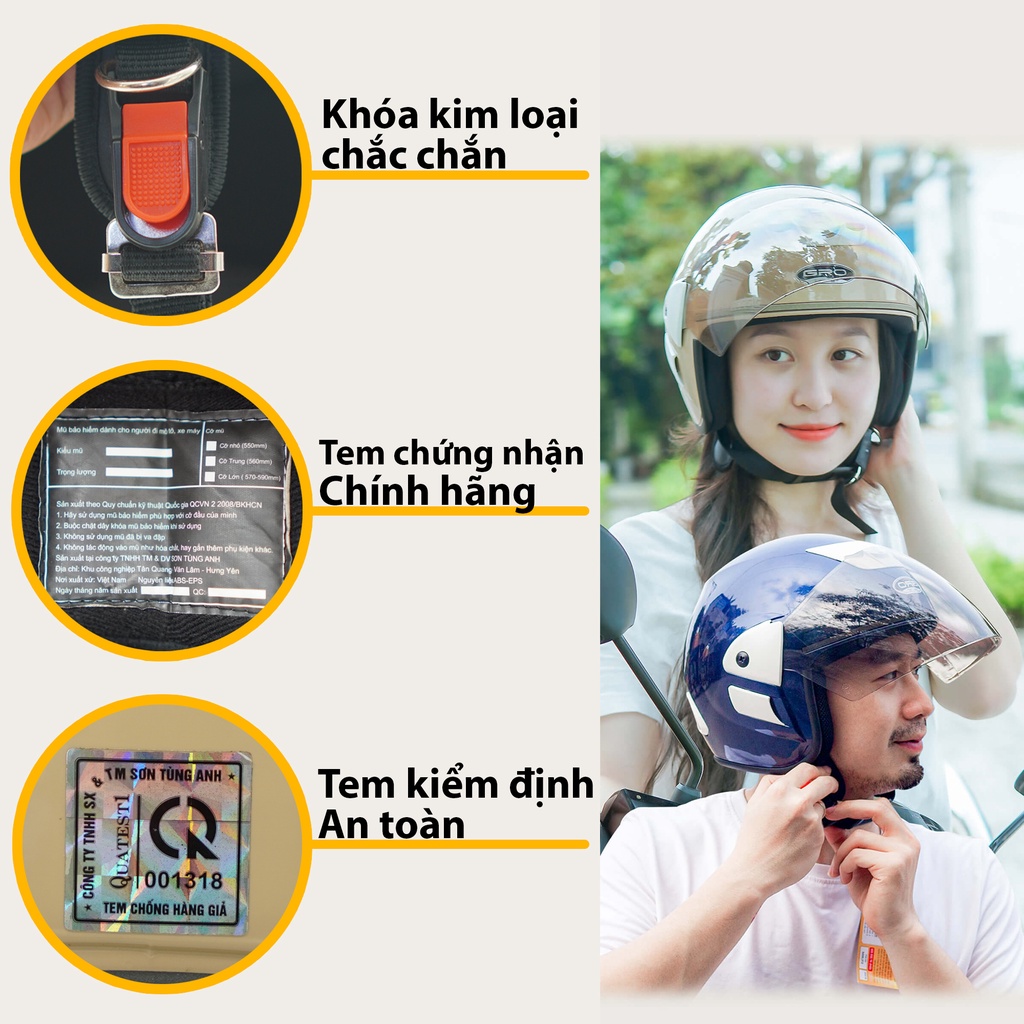 Mũ Bảo Hiểm 3/4 đầu GRO Helmet V2 có kính, kiểu dáng Honda trẻ trung cho nam và nữ, khóa kim loại chắc chắn - Nhiều màu