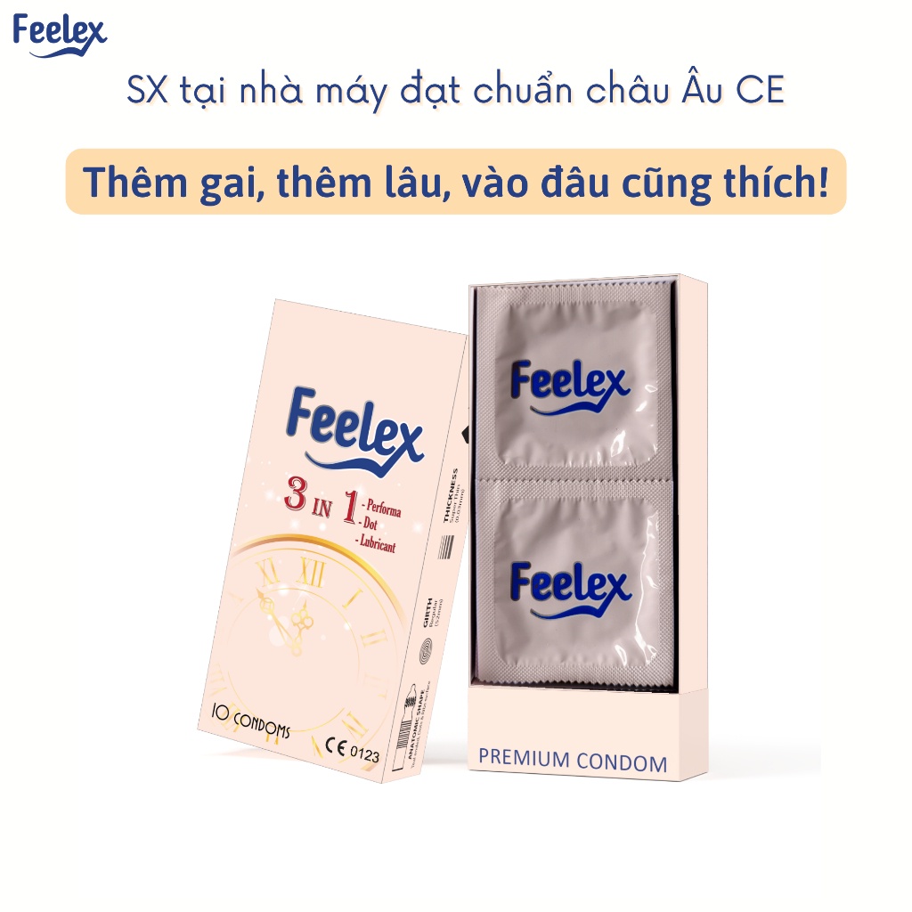 Bao cao su gai Feelex 3 in 1 gân gai, nhiều gel, kéo dài hương socola hộp 10c bcs