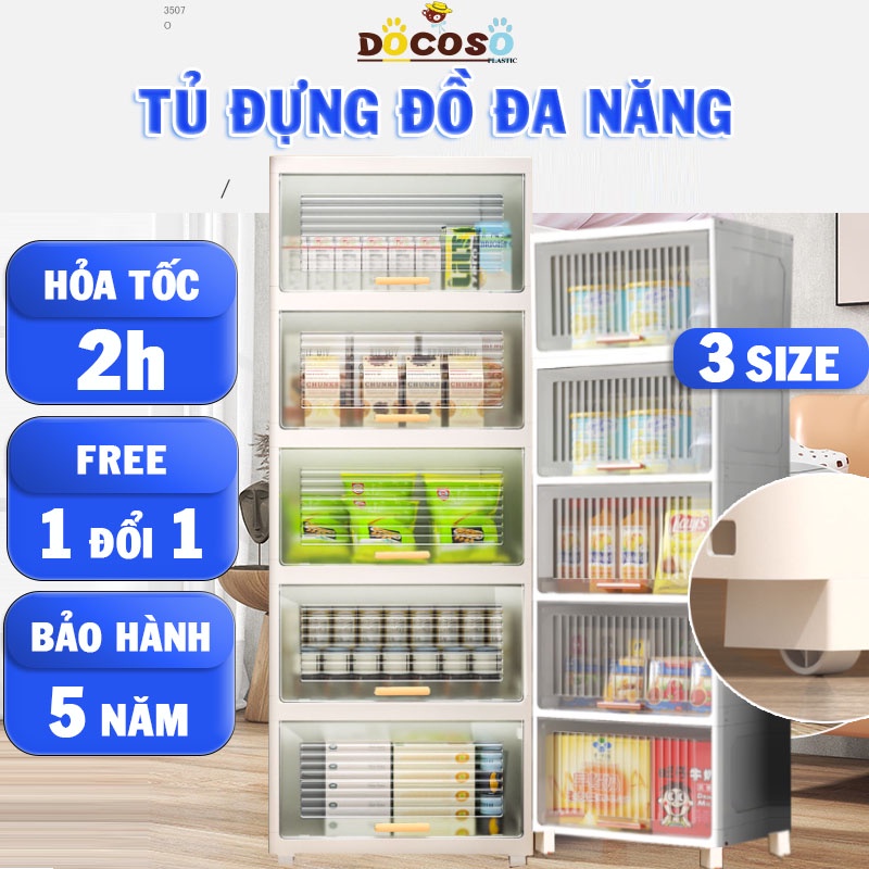 Tủ nhựa đựng đồ đa năng cao cấp, nắp lật trong suốt, nhiều tầng, tủ đựng đồ ăn vặt, nhựa PP an toàn, bảo hành 5 năm