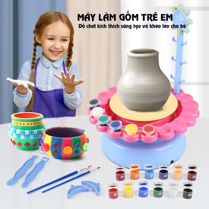 Đồ chơi máy làm gốm sứ handmade bằng đất sét kèm tạp dề và 12 màu tô