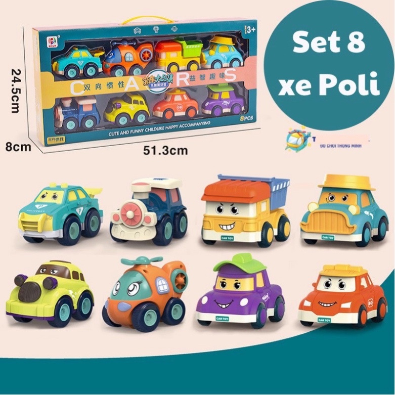 Set 8 xe oto poli đồ chơi, xe ô tô đồ chơi hoạt hình, xe ô tô chạy đà, ôtô đồ chơi mini cho bé