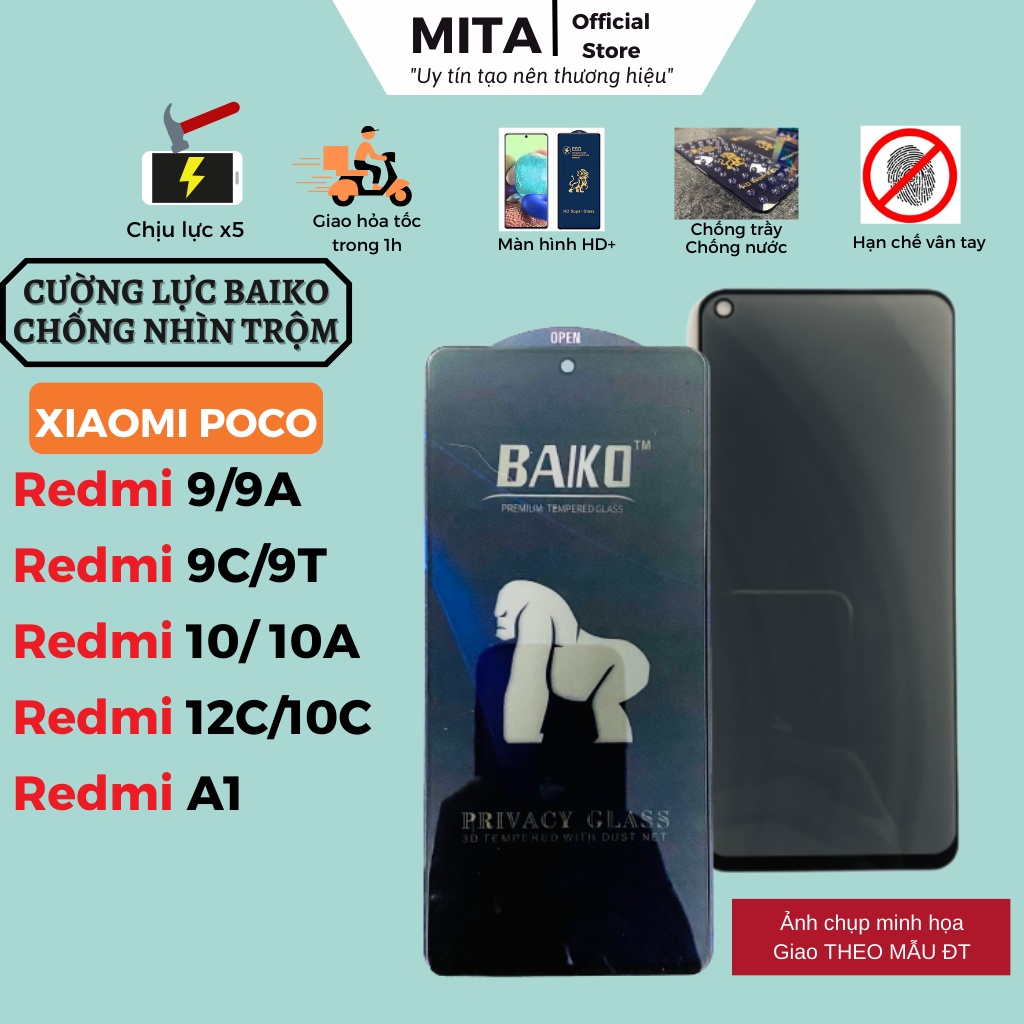 Kính cường lực BAIKO Chống Nhìn Trộm Redmi 12C 10C 8 9 9A 9C 9T 10 10A A1 Full chống xước màn hạn chế bám vân tay