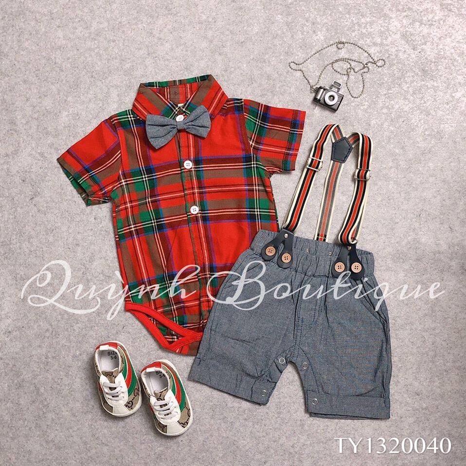 Quần áo trẻ em QUỲNH BOUTIQUE-Set yếm áo caro đỏ cho bé (5-15kg)