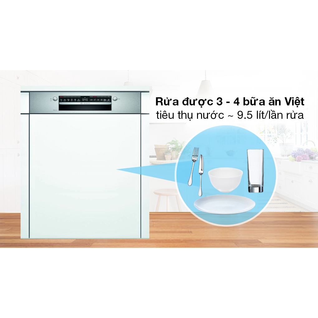 Máy rửa bát bán âm BOSCH SMI4HVS33E 13 bộ nhập khẩu châu âu tự động hé cửa tích hiwpj 6 chương trình rửa