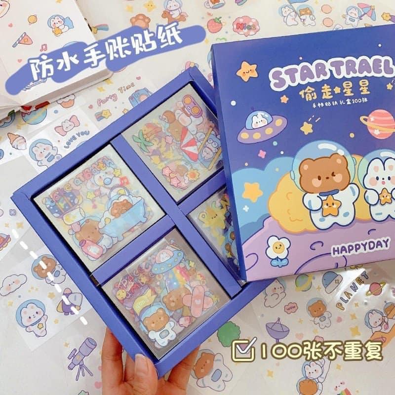 Hộp 100 tấm sticker cute trang trí dán tập vở,bình nước, bút