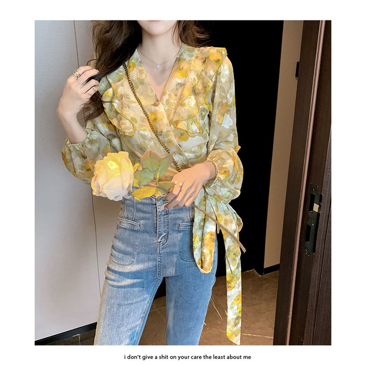 Áo Sơ Mi Voan Cổ V Dài Tay In Họa Tiết Hoa Vàng Phong Cách Pháp Cho Nữ