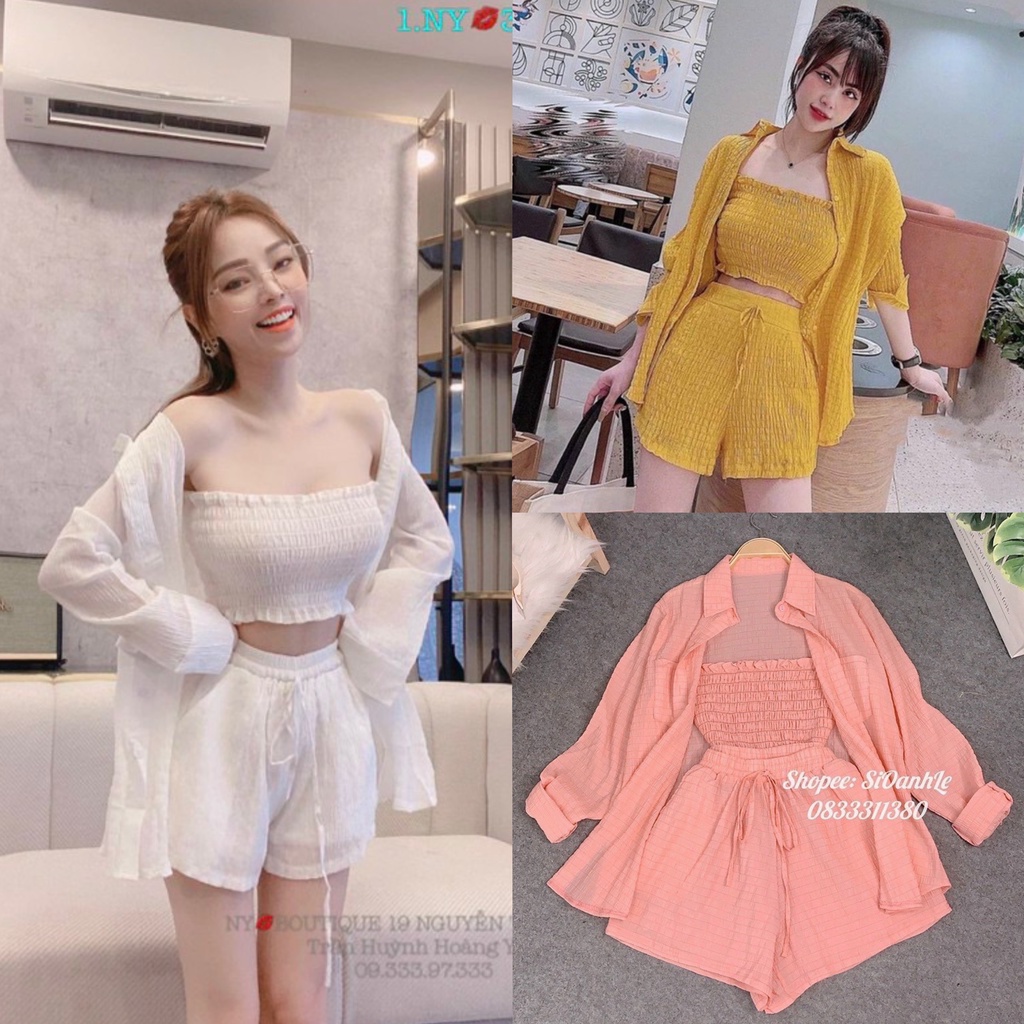 Set bộ đồ đũi 3 món áo bra phối áo khoác cổ sơ mi mix quần ống rộng siêu đáng yêu với các màu tôn da, tôn dáng