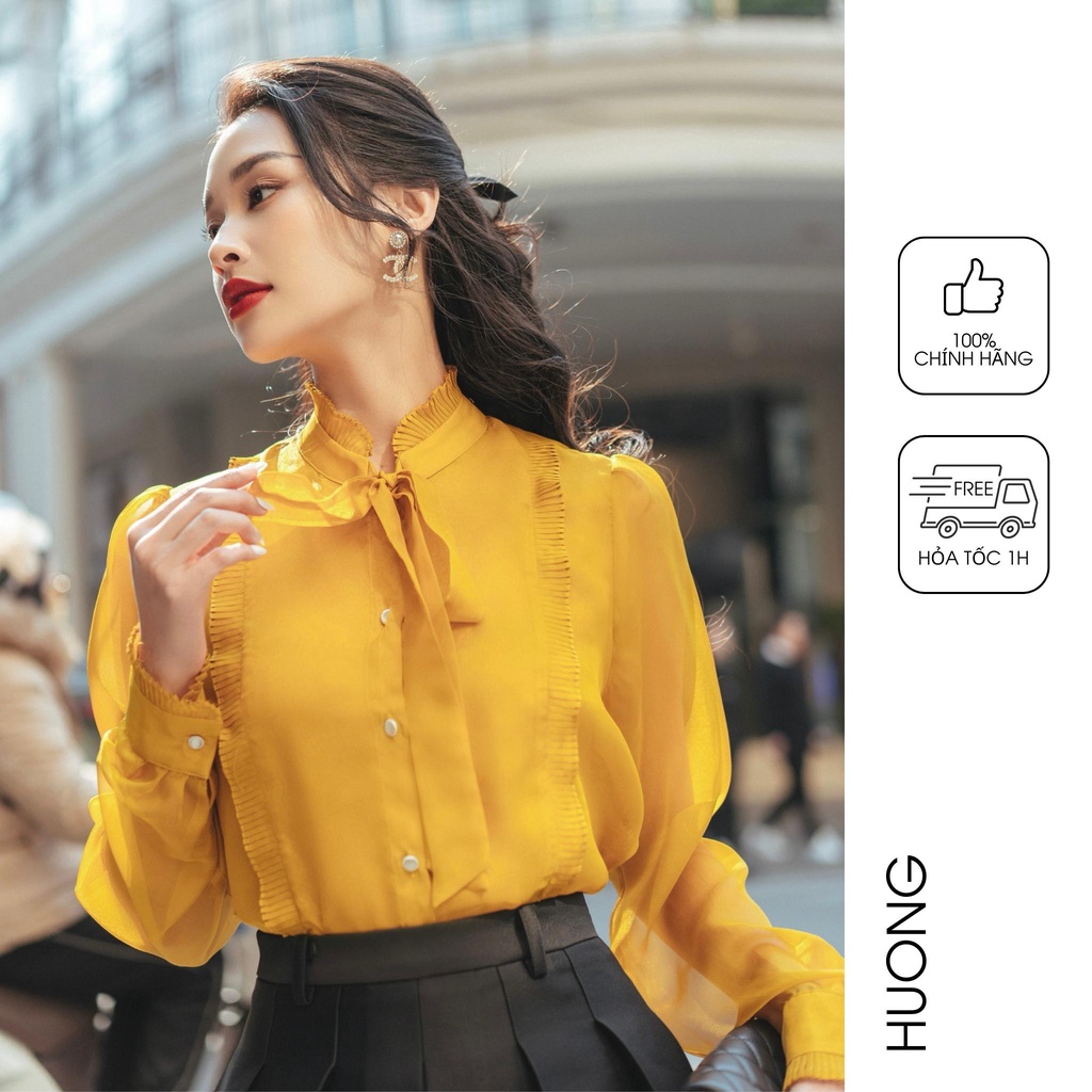 Áo sơ mi tơ tằm cổ nơ pha nẹp bèo dập li HUONG BOUTIQUE HBSM1038