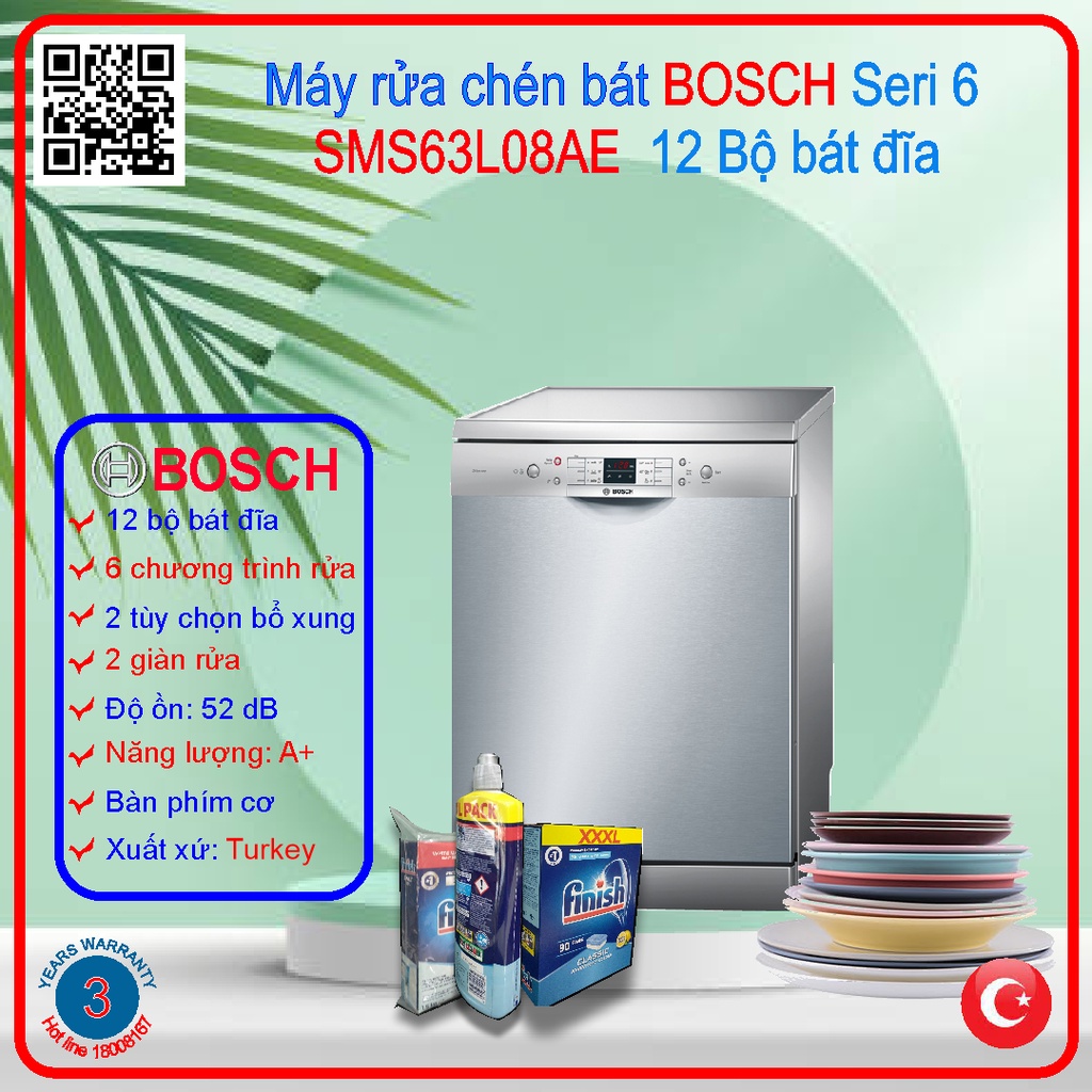 Máy Rửa Bát BOSCH SMS63L08EA Dung Tích 12 Bộ Châu Âu 6 Chương Trình Rửa Nhập Khẩu  Bảo Hành 3 NămChính Hãng