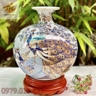 Bình hút tài lộc Bát Tràng vẽ vàng 24k tích Công Đào cao 21cm - tặng kèm đế gỗ Hương